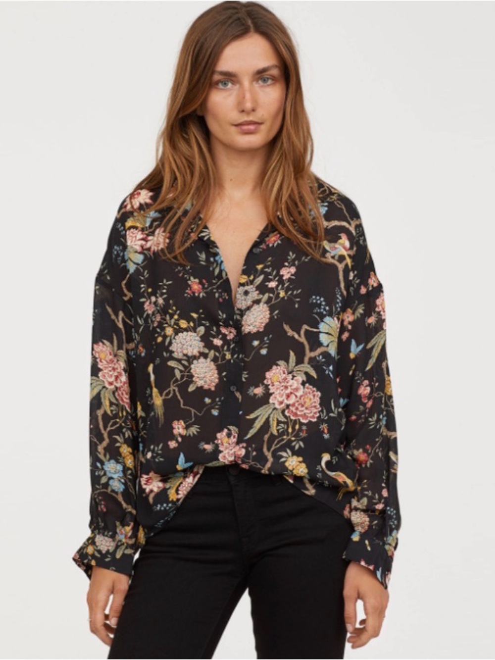 Xhilaration Black Floral Button-Down Shirt with Pink, Blue & Gold Accents